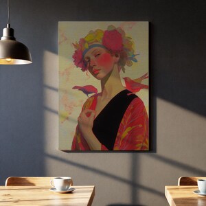 Blossom Crown Lady, Artistic Portrait View, Feather Bird Companion, Stylish Fashion Display, Vibrant Home Setting, Expressive Mood Scene