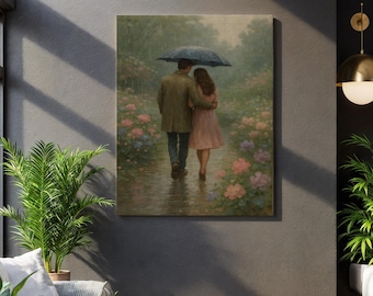 Romantisch paar canvas muurkunst, regenachtige tuin liefde scène schilderij, vintage stijl figuratief kunstwerk, ingelijste print voor gezellig interieur
