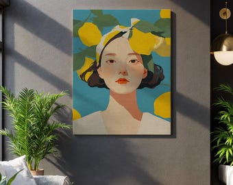 Portret citroenmeisje, botanisch citruspatroon, Aziatisch geïnspireerd motief, ingelijste minimalistische display, levendig woondecor, uniek cadeau-idee