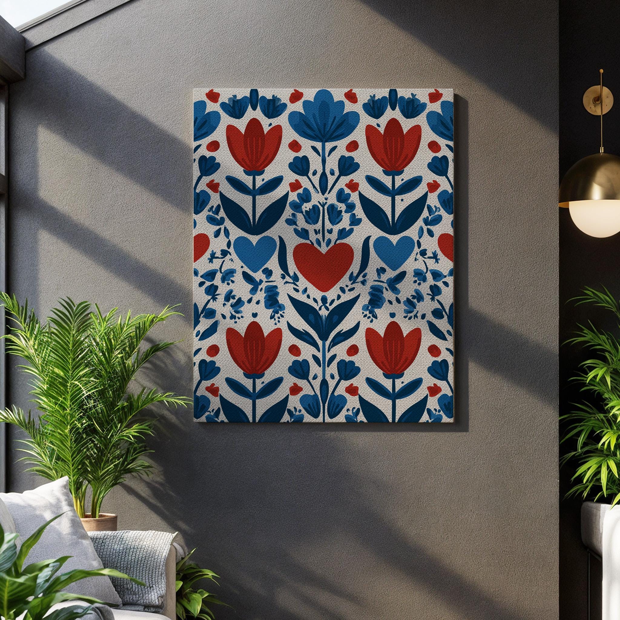 Scandinavian Folk Art Heart and Tulip Canvas Print, Nordic Floral