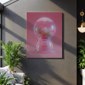 Pink Gumball Machine Canvas Wall Art, Retro Candy Dispenser with Colorful Balls, Fun Pop Art Print for Kitchen, Cafe, or Playful Home Decor