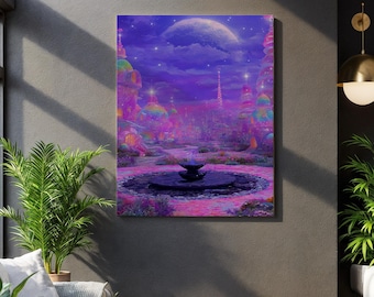 Magischer Stadtbildbrunnen, Neontraumlandfarbton, Fantasiegerahmte Anzeige, sternenklarer Nachthimmel, psychedelische Hauptnote, strahlende urbane Utopie