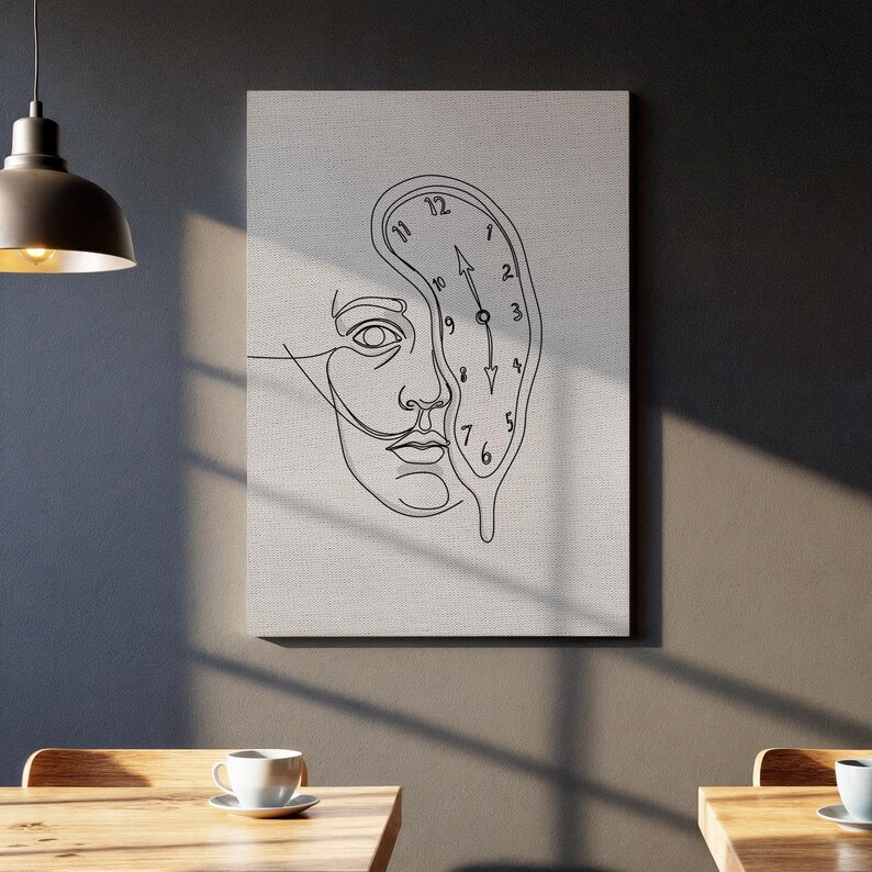 Minimalist Dali Inspired Clock Face Canvas Art, Surreal Line Drawing ...