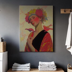 Blossom Crown Lady, Artistic Portrait View, Feather Bird Companion, Stylish Fashion Display, Vibrant Home Setting, Expressive Mood Scene