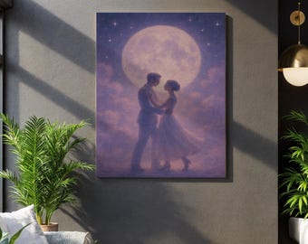 Romantic Couple Under Moon Canvas, Dreamy Love Scene with Full Moon and Clouds, Pastel Silhouette Wall Art, Gift for Lovers and Weddings