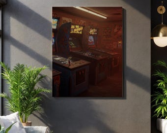Retro Arcade Room Canvas Wall Art, 80s Nostalgia Gaming Print with Neon Glow, Vintage Gamer Decor for Man Cave or Game Room Gift,Unique Gift