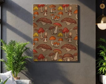 Vintage svamp väggkonsttryck, handritad svampillustration på canvas, rustik köksinredning i stuga, naturälskare gåva botanisk affisch