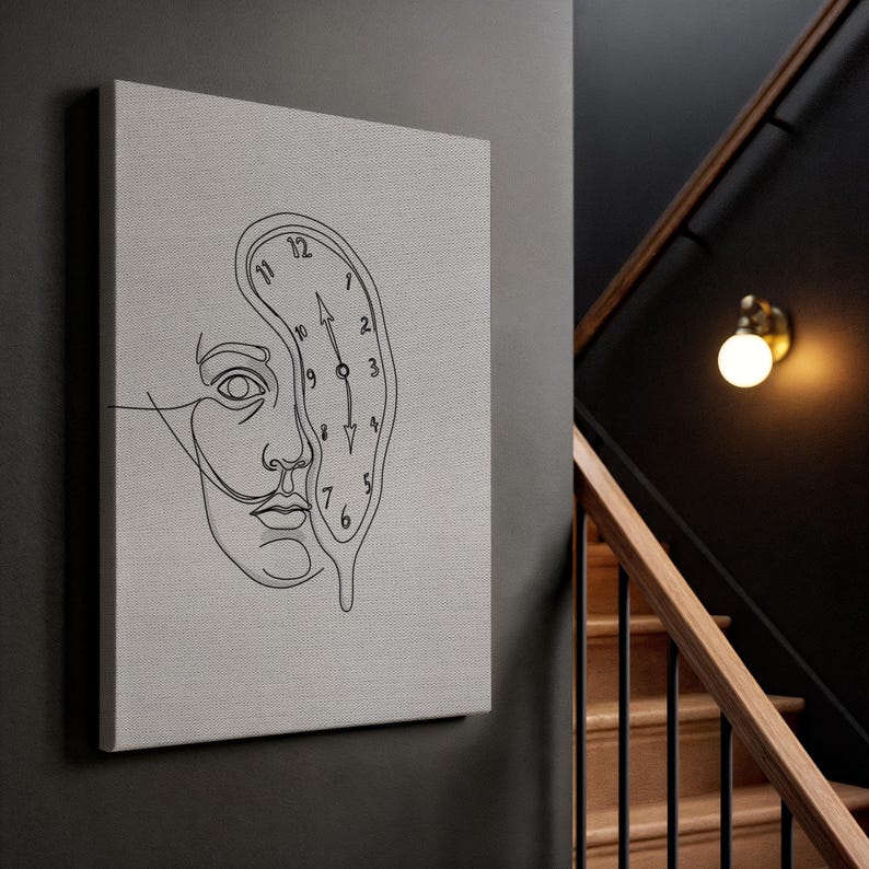 Minimalist Dali Inspired Clock Face Canvas Art, Surreal Line Drawing ...