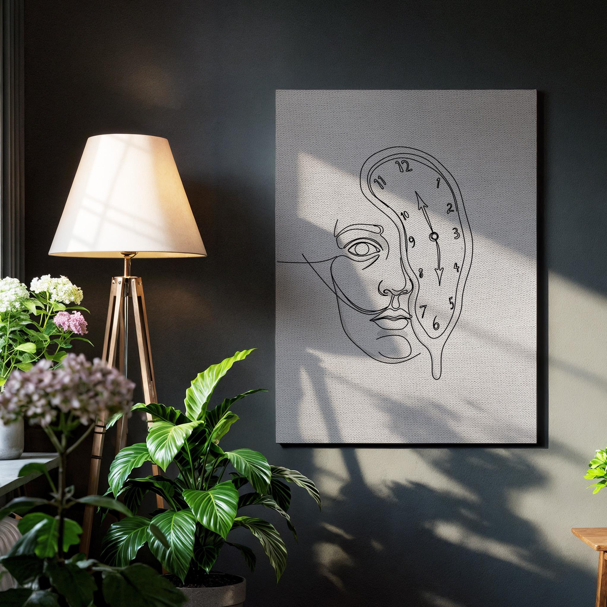 Minimalist Dali Inspired Clock Face Canvas Art, Surreal Line Drawing ...