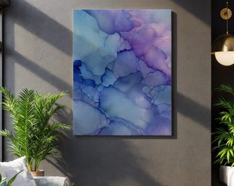 Blau Lila Abstrakte Tinte Art Print, flüssige Alkohol Tinte Wand dekor, moderne Aquarell Textur Malerei, beruhigende Leinwand für ruhige Innenräume