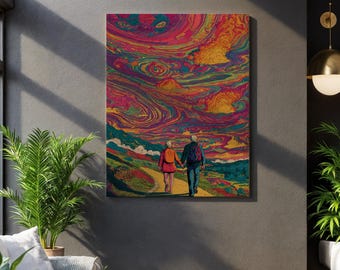 Psychedelische Landschaft, Romantisches Paar Kunst, Gerahmtes Trippy Wand-Dekor, Van Gogh Inspirierter Himmel, Geburtstagsgeschenk, Bunte Wand Leinwand