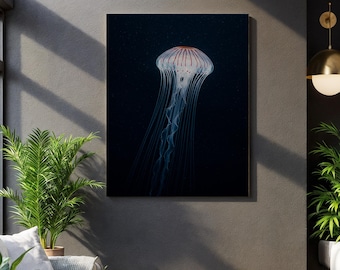 Jellyfish Canvas Wall Art, Deep Sea Bioluminescent Creature Print, Minimalist Ocean Illustration, Framed Nautical Decor for Modern Home