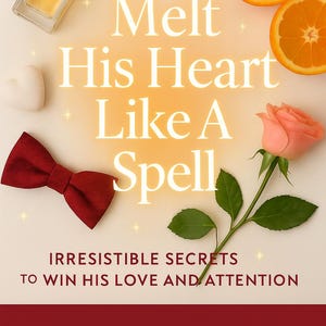 Peut inclure: Image avec le texte "Melt His Heart Like A Spell" et "Irresistible Secrets to Win His Love and Attention." Comprend un flacon de parfum, un nœud papillon, des tranches d'orange, une rose et un objet en forme de cœur.