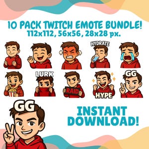 Twitch Emotes Pack - Red Hoodie Boy | Twitch - KICK - OBS Emotes 10 Pack