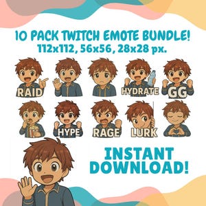 Twitch Emote Bundle – Anime Boy Set 10 Pack– Instant Download