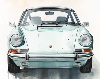 Vintage Porsche 911 Wall Art – Watercolor Sports Car Poster – Classic Porsche Print – Retro Auto Decor – Iconic Car PNG Download