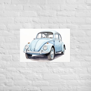 Vintage VW Beetle Wall Art – Light Blue Watercolor Car Poster – Retro Volkswagen Bug Print – Boho Auto Decor – Premium Matte Print - Nursery