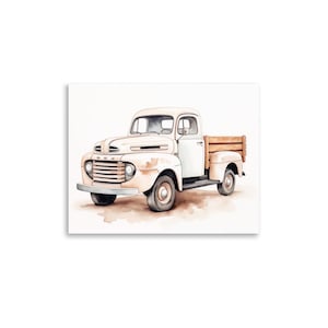 Arte de parede de caminhão Ford vintage – pôster de picape em aquarela – impressão de carro de fazenda rústico – decoração Ford clássica – ilustração de automóvel retrô