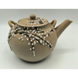 Handcrafted Antique Moriage Meiji Sharkskin Teapot Beige Glaze & White Blossom Design