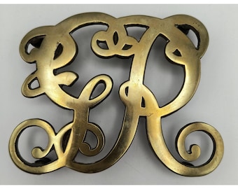 Vintage Brass Williamsburg King George Monogram Trivet With Detailed Scroll Design & Rubber Feet