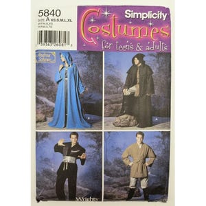 May include: Simplicity sewing pattern 5840 for costumes for teens and adults, size A XS, S, M, L, XL. The package features four costume variations: a long blue hooded robe, a long black hooded robe, a black jacket with a sash, and a tan tunic with a sash.