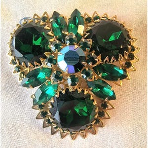 Large Brooch - Vintage Judy Lee Green Rhinestone Set in Gold Metal