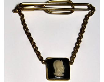 Vintage Swank Gold-Tone Chain Tie Bar With Black & Ivory Cameo Accent