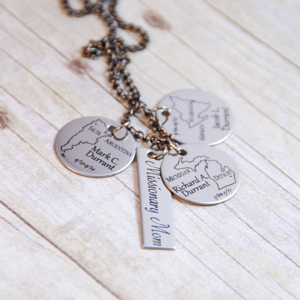 Missionary Mom Brag Necklace with ONE Missionary Name Dates and Country