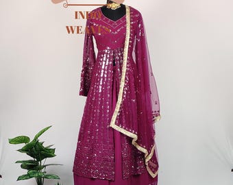 Long Kurta Choli Lehenga Set, Purple Modest Pakistani Flared Indian Beautiful Readymade Ethnic Wear Top & Lehenga With Dupatta Set For Women