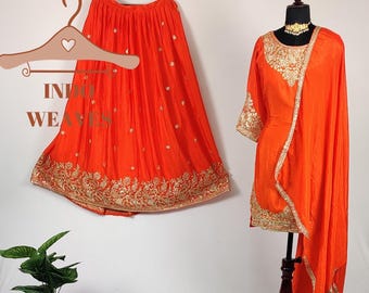 Silk Pakistani Long Choli Lehenga Set, Orange Ethnic Indian Salwar Kameez, Islamic Modest Nikkah Wear Top & Lehenga With Dupatta For Women