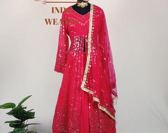Modest Pakistani Flared Long Kurta Choli Lehenga Set, Red Indian Beautiful Readymade Ethnic Wear Top & Lehenga With Dupatta Set For WomenUSA