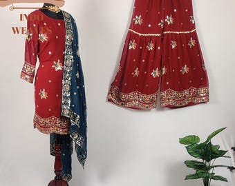 Red Designer Sharara Gharara Indian Ethnic Party Wear Zari Embroidered Dress, Salwar Kameez Suit, Premium Silk Fabric Palazzo Set For Women