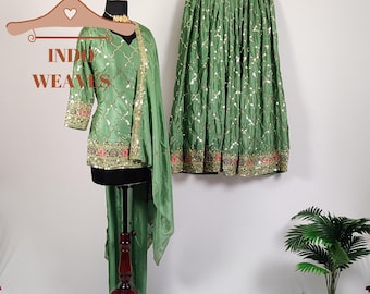 Green Traditional Sharara Suit, Indian Ethnic Party Wear Pakistani Salwar Kameez Suit, Premium Silk Fabric Kurta Palazzo Set For Women USA