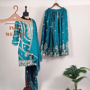 Blue Sharara Gharara Indian Ethnic Party Wear 3 Pc Embroidered Diwali Dress, Salwar Kameez Women Suit, Premium Silk Fabric Kurti Palazzo Set
