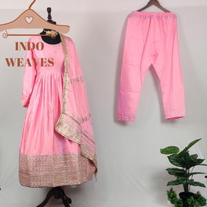 Baby Pink Anarkali Long Gown, Sequin Embroidery Pakistani Traditional Festive Ethnic Wedding Wear Maxi 3 Pcs Outfit With Dupatta for Women