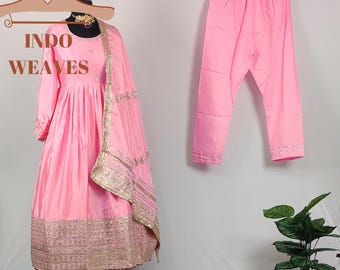 Baby Pink Anarkali Long Gown, Sequin Embroidery Pakistani Traditional Festive Ethnic Wedding Wear Maxi 3 Pcs Outfit With Dupatta for Women