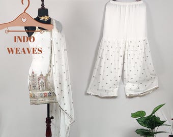Punjabi Sleeveless Sharara Suit, White Indian Wedding Traditional Ethnic Party Wear Kurta Kurti Set Pakistan Salwar Kameez Palazzo For Women