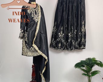 Black Silk Sharara Suit For Woman USA, Sequin Embroidered Pakistani Indian Fully Stitched Ethnic Readymade Bollywood Wedding Wear Desi Dress
