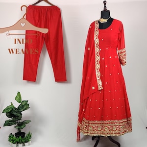 Red Anarkali Long Gown With Dupatta, Sequin Embroidery With Front & Back Side Work, Pakistani Traditional Ethnic Wear Maxi Outfit for Women