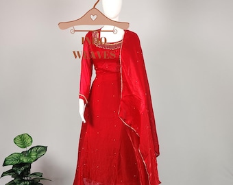 Silk Anarkali Flared Kurti Long Gown, Indian Red Traditional Designer Ethnic Punjabi Dress, Pakistani Salwar Kameez & Palazzo For Women USA