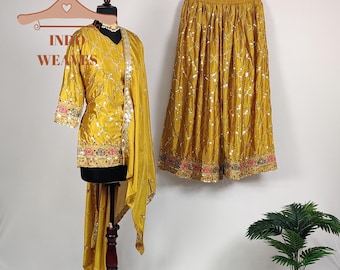 Yellow Haldi Ceremony Traditional Sharara Suit, Indian Ethnic PartyWear Pakistani Salwar Kameez Suit, Modest Kurta Palazzo Set For Women USA