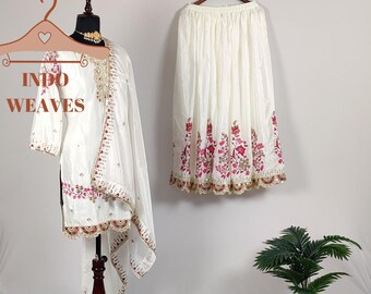 Pakistani Nikkah White Sharara Suit For Woman, Muti Thread Embroidery Work With Fancy Lace, Indian Wedding Guest Dress With Palazzo Pants