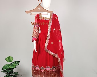 Indian Anarkali Kurti Long Gown, Red Traditional Designer Ethnic Punjabi Dress, Pakistani Salwar Kameez & Palazzo With Dupatta For Women USA