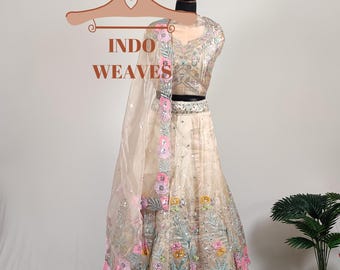 Beige Multicolor Lehenga Choli With Multi Thread Flower Embroidery Work For Women, Organza Silk Ethnic Wear Indian Traditional Lehenga Set