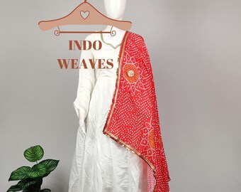 White Roman Silk Anarkali Gown, Palazzo Pants, Red Muslin Dupatta