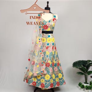 Designer Party Wear Net Lehenga Choli With Multi Colour Flower Embroidery Work Dupatta For Women, Wedding Guest, Reception Wear Lehenga Set