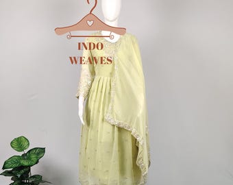 Yellow Flared Ethnic Punjabi Dress, Traditional Indian Anarkali Kurti Long Gown, Pakistani Salwar Kameez & Palazzo With Dupatta For Women