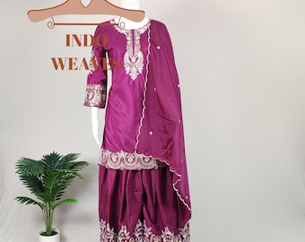 Purple Sharara Gharara Women USA Suit, Indian Ethinc Party Festive Wear 3 Pcs Embroidered Wedding Dress, Premium Crepe Fabric Salwar Kameez