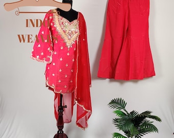 Indian Sharara Gharara Ethinc Party Festive Wear 3 Pc Embroidered Wedding Dress, Red Women Shalwar Suit, Premium Silk Fabric Salwar Kameez