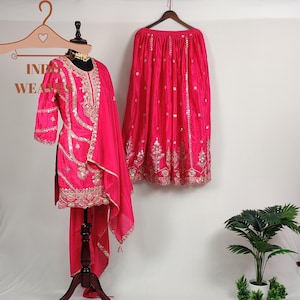 Pink Modern Ethnic Sharara Gharara Indian Party Wear Embroidered Outfit For Women, Salwar Kameez Suit, Premium Silk Fabric Kurti Palazzo Set
